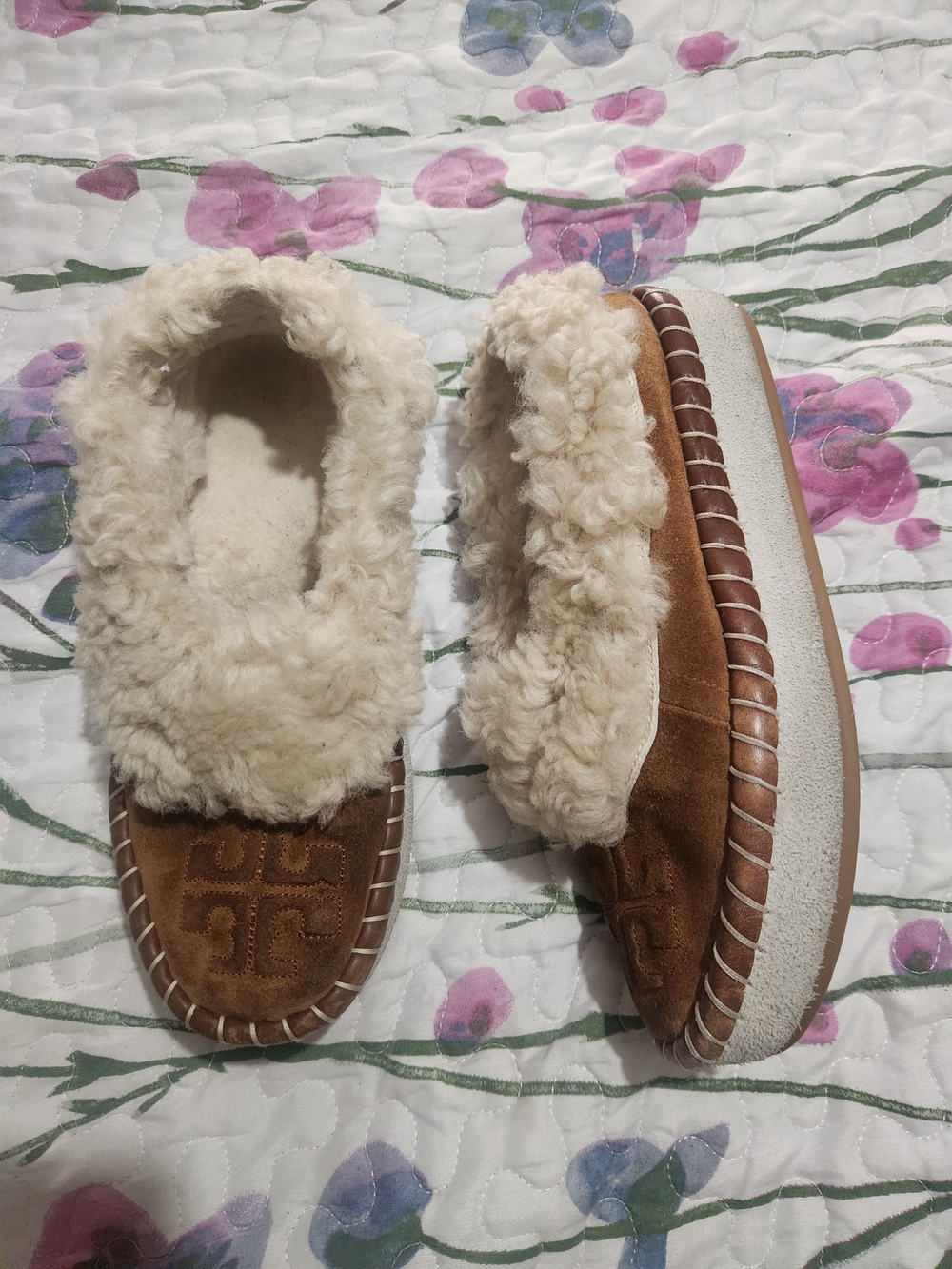 Tory Burch Brown Suede Shearling-Lined Moccasin Slippers
